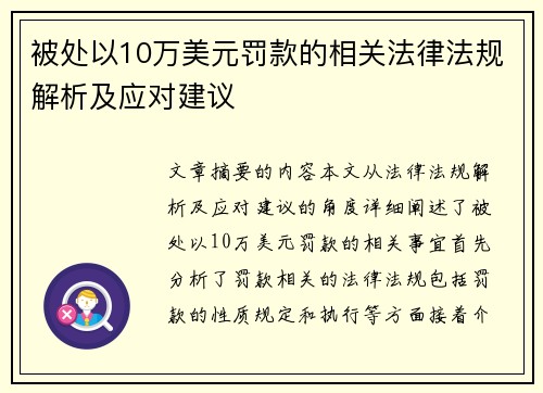 被处以10万美元罚款的相关法律法规解析及应对建议